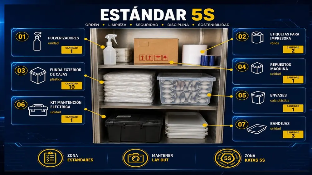 Estándar 5S real: inventario numerado de un mueble de insumos con etiquetas de cantidad